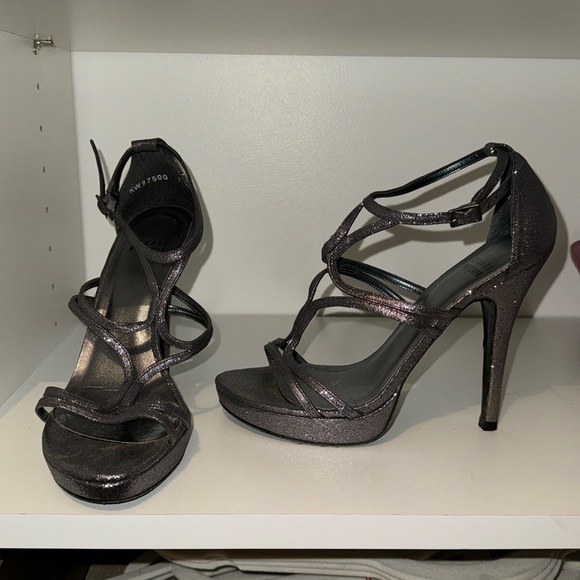 Stuart Weitzman gunmetal glitzy heel evening sandals with platform worn 2x! 7.5 - Picture 1 of 1